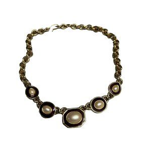 Monet Necklace Gold Color Chain Choker Faux Pearl Ruby Color